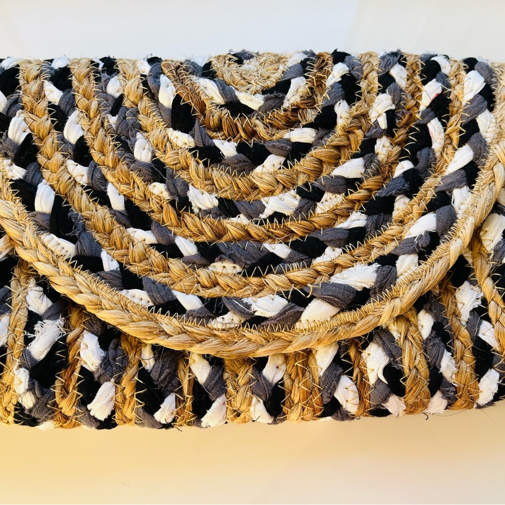 ICHI Woven Straw & Fabric Clutch – Black, White & Natural – 8x11” - Picture 5 of 5